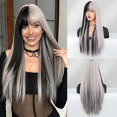 26'' Chic Half Black & Grey Long Straight Fringe Wig